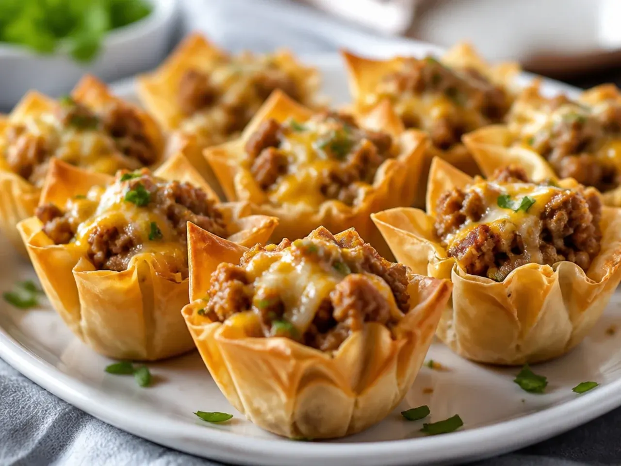 Overhead shot of a platter piled with assorted filled phyllo cup appetizers