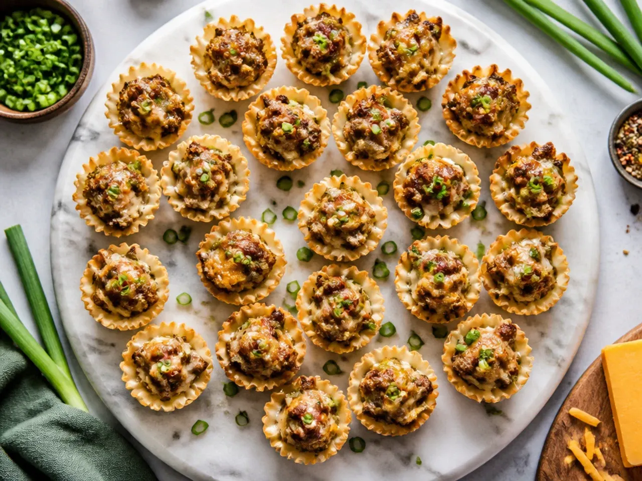 Close-up of classic sausage and cheddar filled phyllo cups fresh from the oven