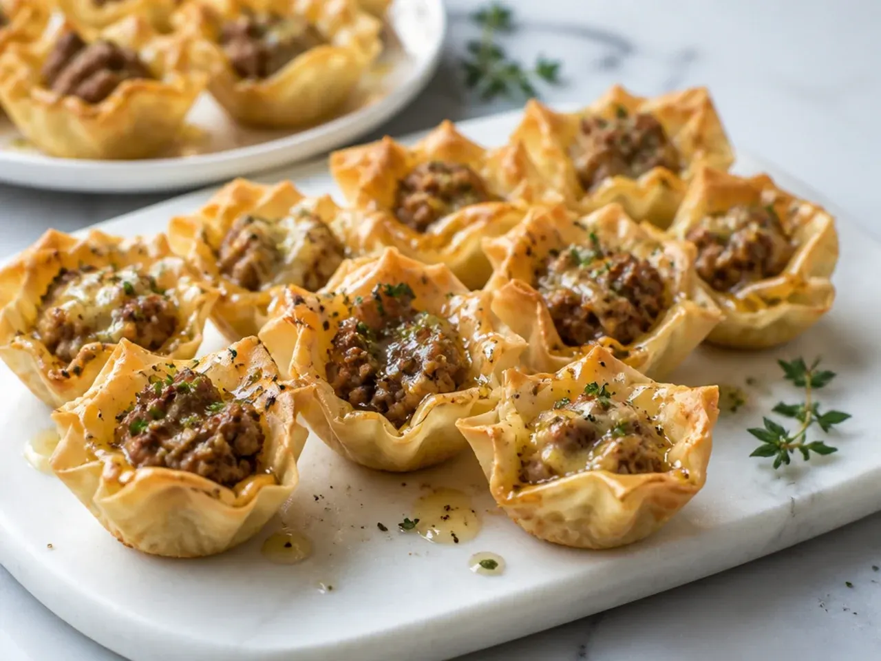 Simple four ingredient sausage phyllo cups on a baking sheet before going into the oven