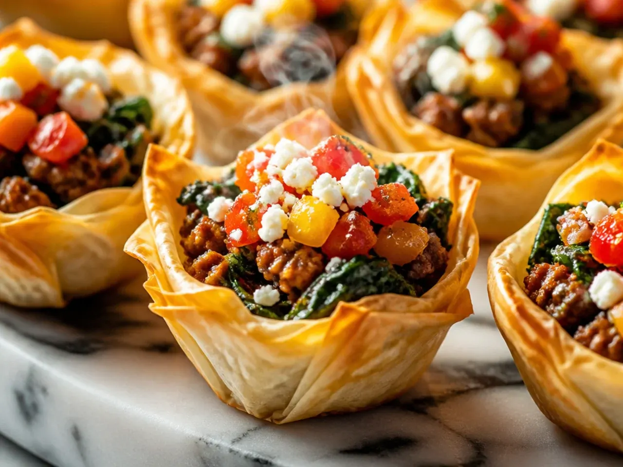 Sausage and spinach phyllo cups with visible flecks of green spinach and melted ricotta