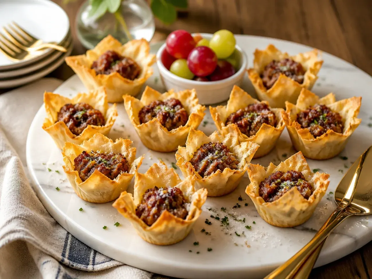 Plain seasoned sausage filled phyllo cups dusted with parmesan
