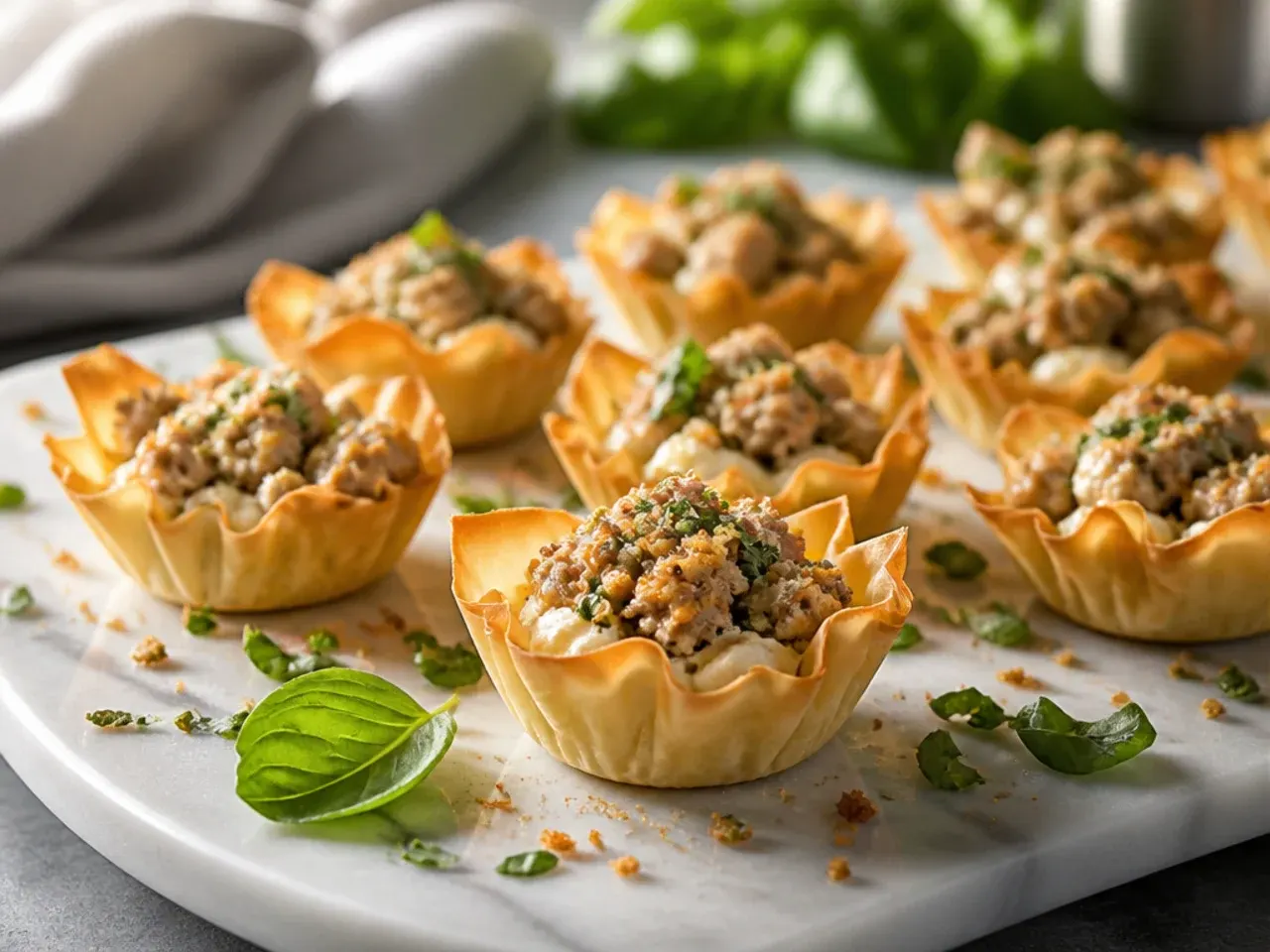 Creamy cream cheese and sausage filling piled into golden phyllo shells
