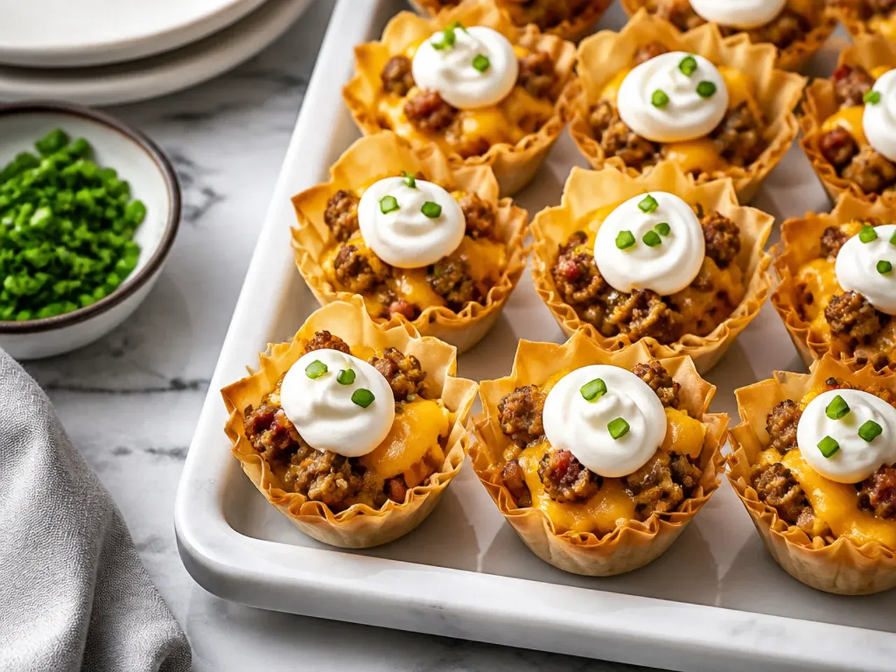 Loaded sausage and bacon phyllo cups topped with extra bacon crumbles