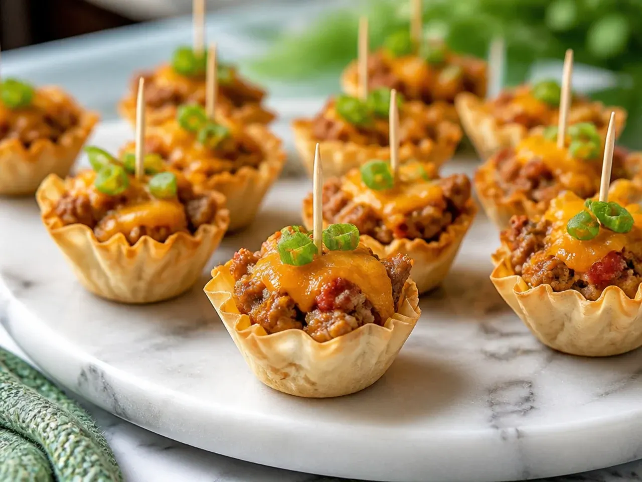 Rotel sausage and cheese phyllo cups with a glossy, bubbling cheese finish