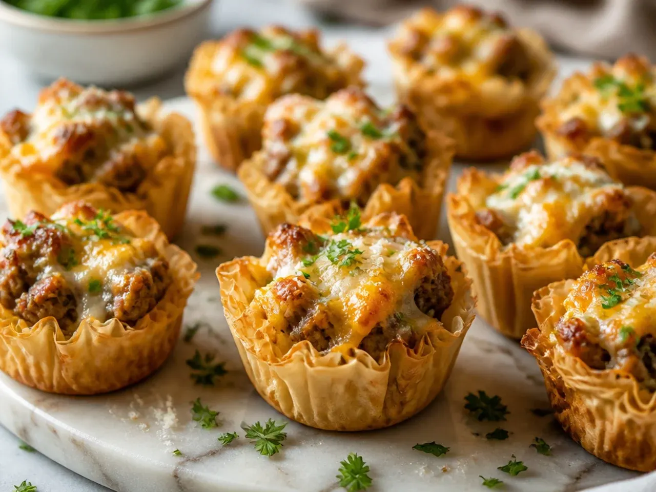 Three cheese sausage phyllo cups with a golden freckled cheese topping