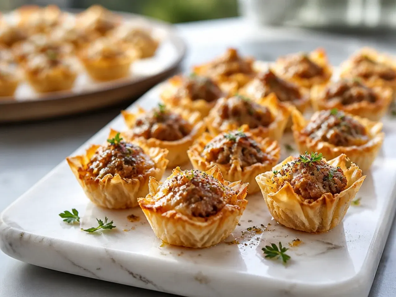 Large party platter with dozens of sausage phyllo cups arranged in rows