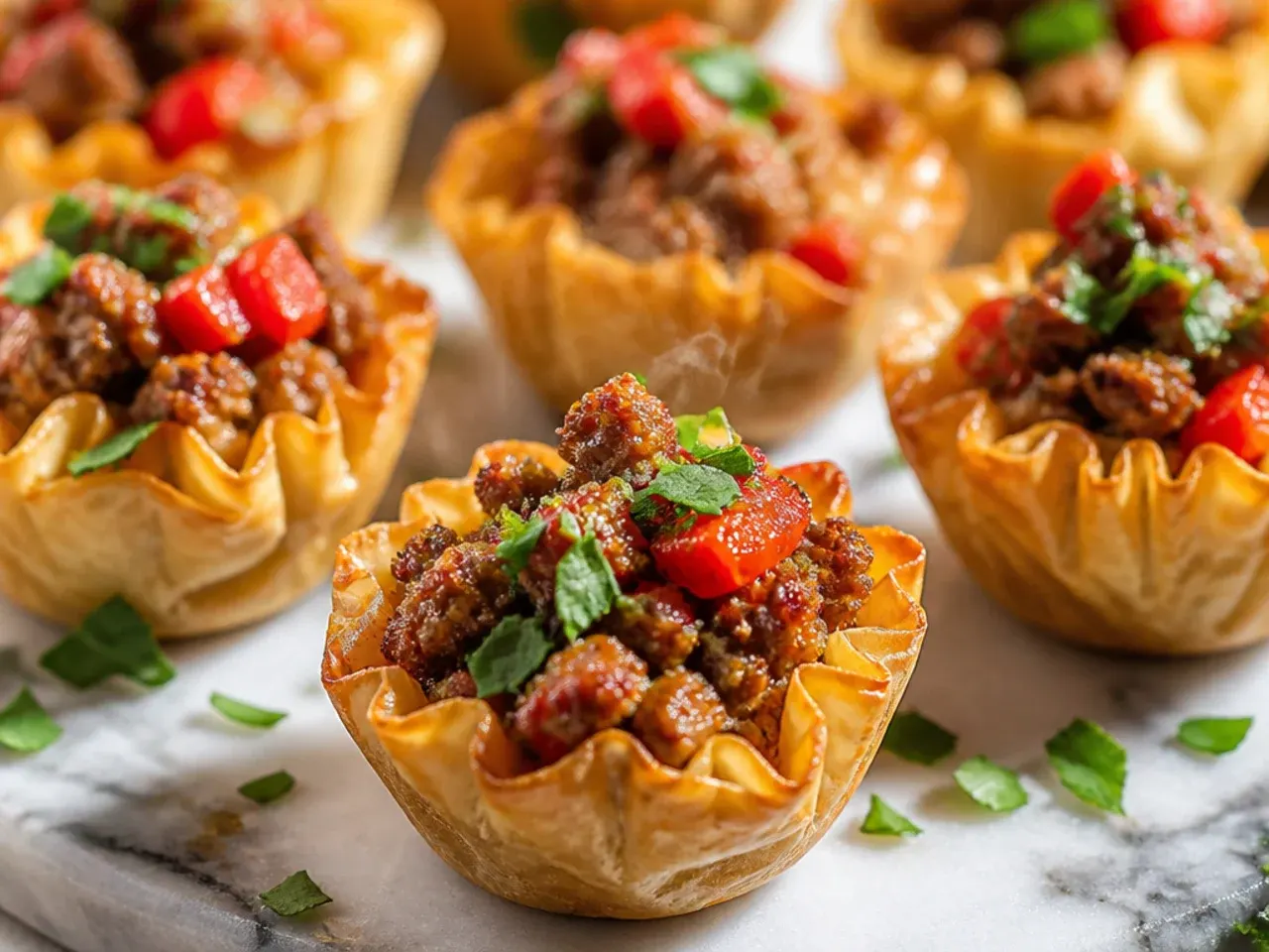 Container of chilled sausage cheese filling next to empty phyllo cups ready to assemble