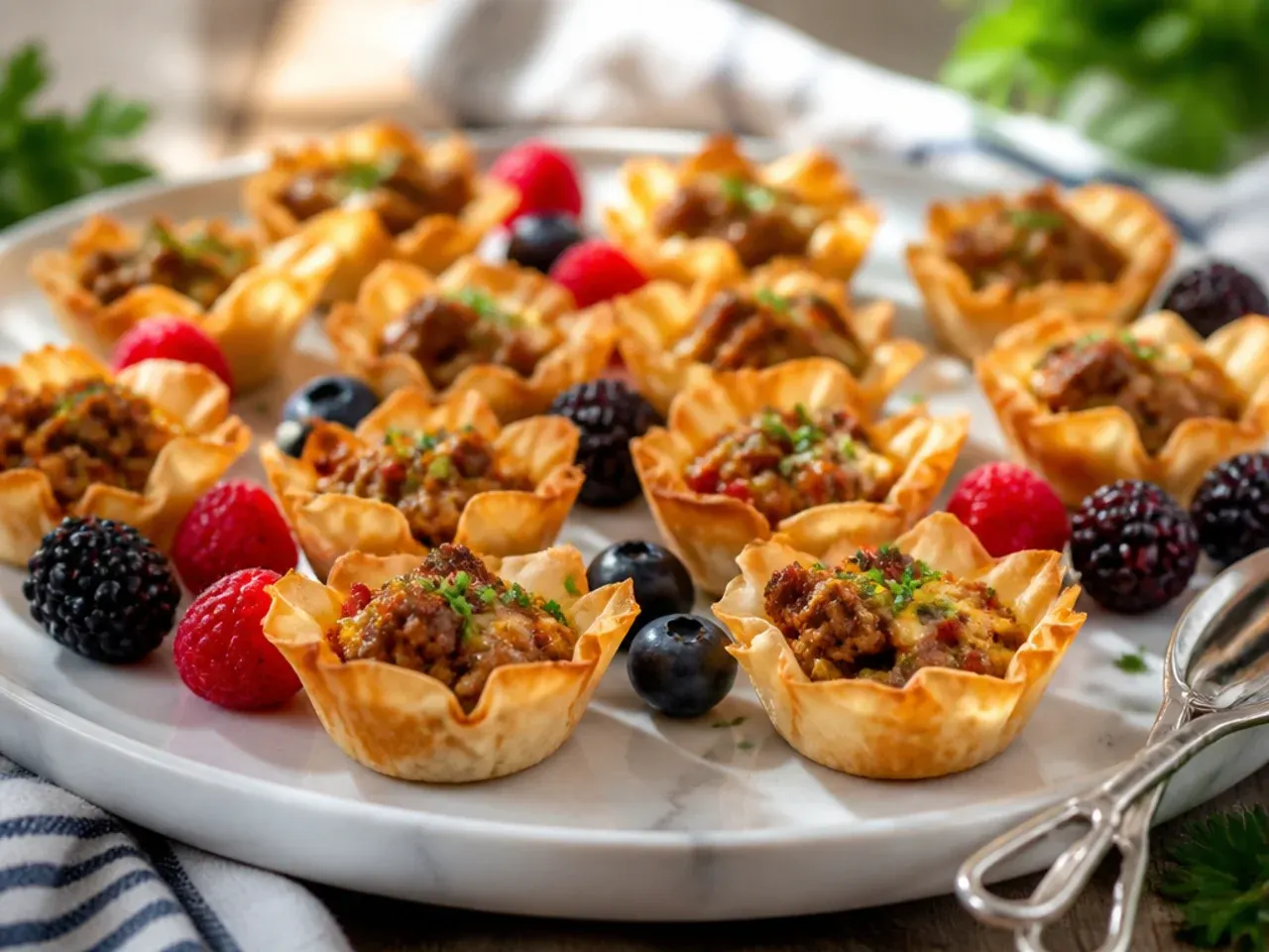 Mild sausage and cheddar phyllo cups arranged for a family-friendly platter