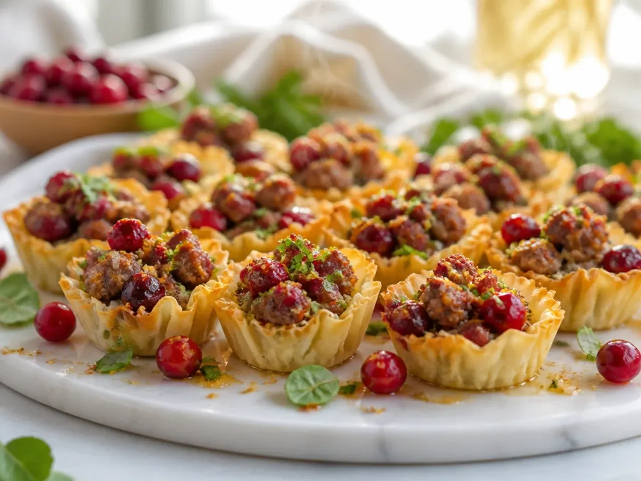 Festive sausage phyllo cups topped with chopped cranberries for the holidays