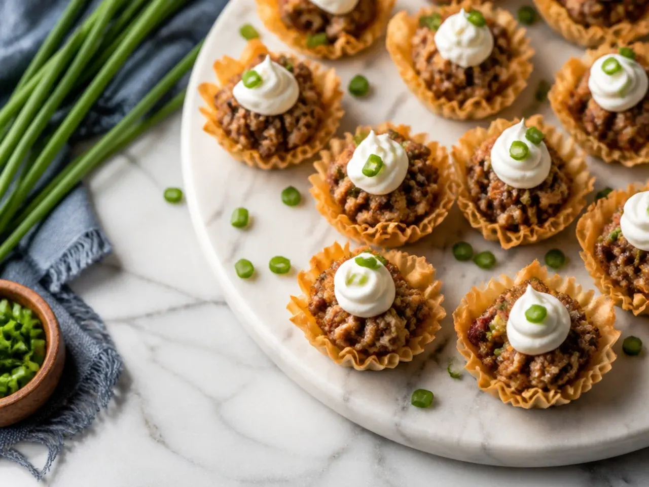 Quick sausage phyllo cups made with pre-cooked sausage crumbles