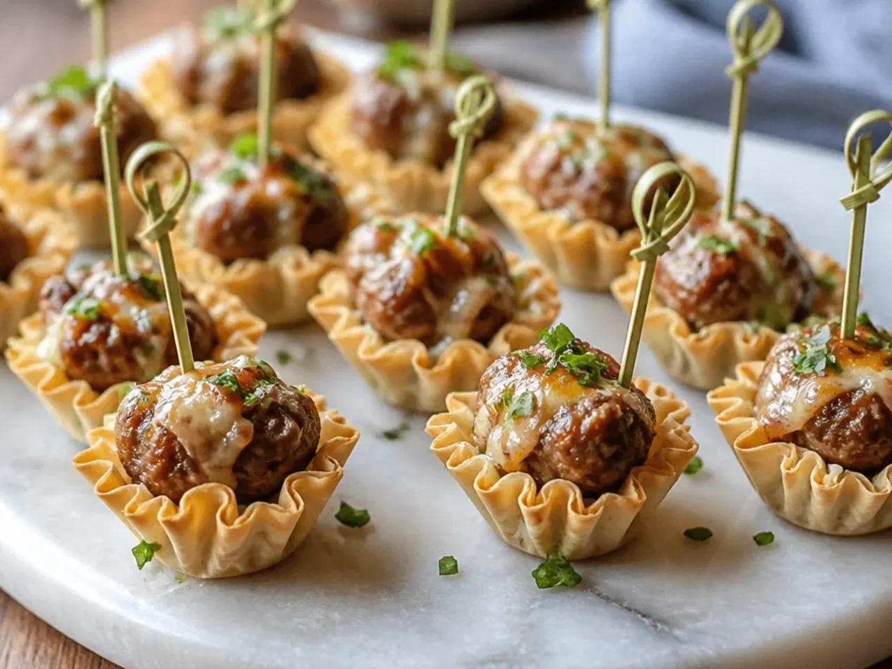 Homemade buttery phyllo cups filled with sausage mixture, golden and flaky