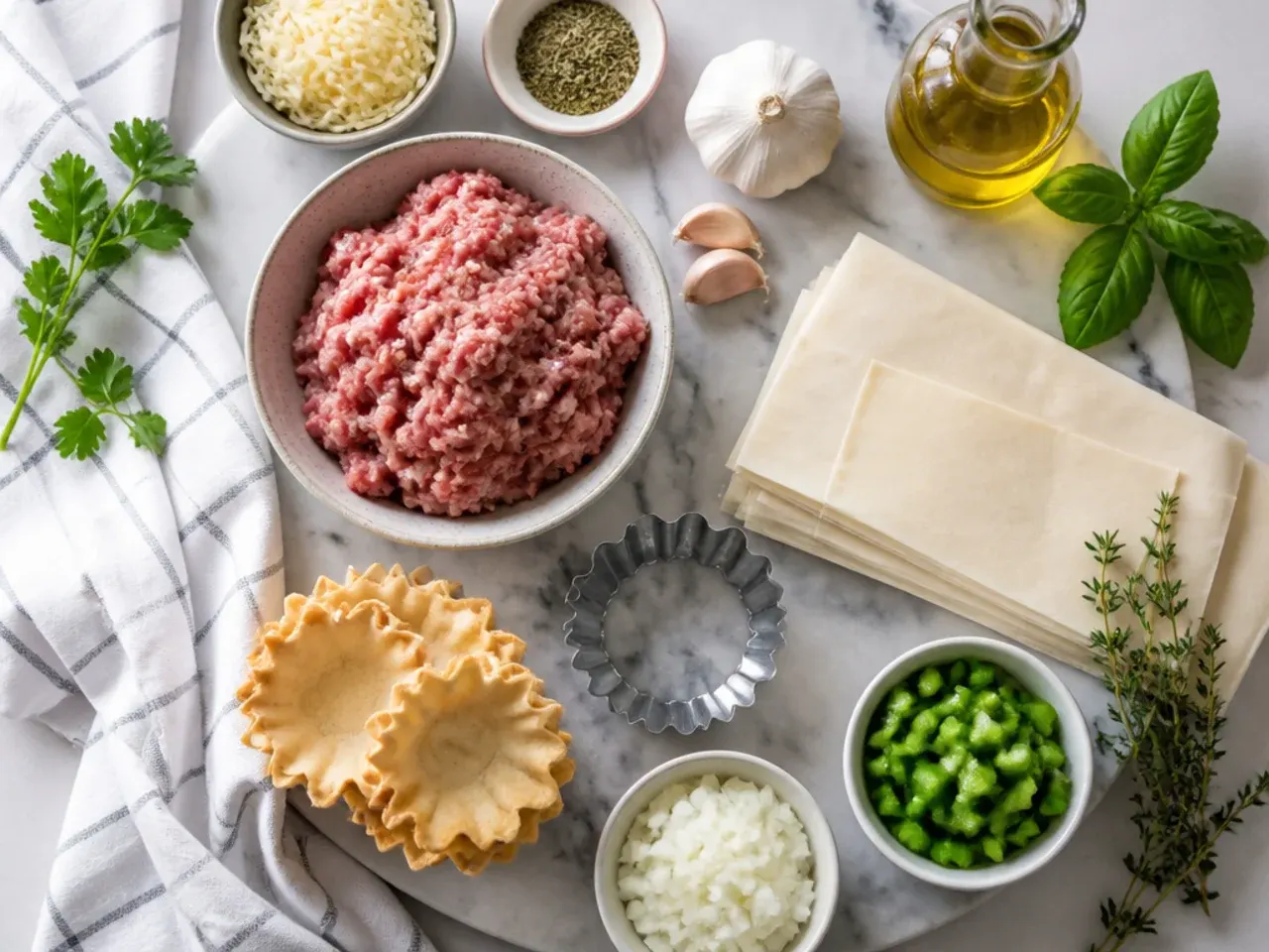 Hands spooning sausage cheese filling into a tray of empty phyllo cups