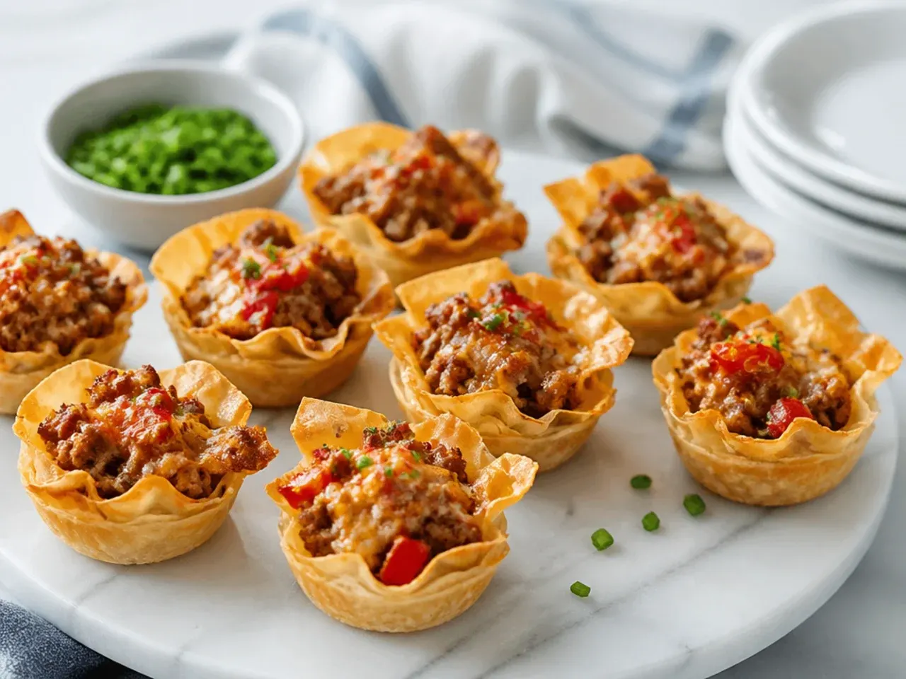 Platter of sausage phyllo cups served alongside dips and other party appetizers