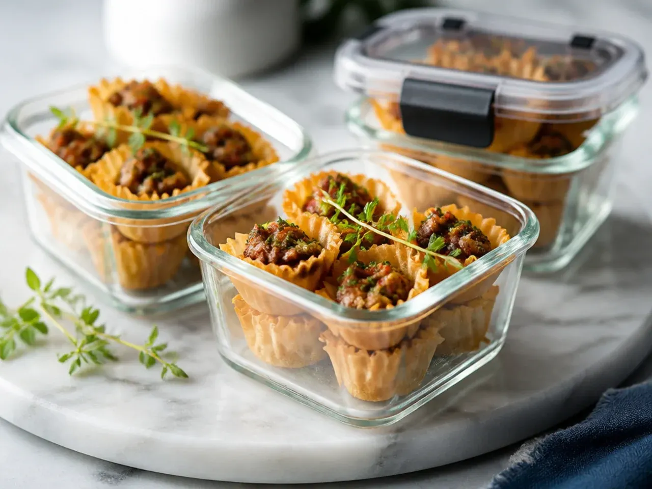 Leftover sausage phyllo cups being reheated on a baking tray in the oven