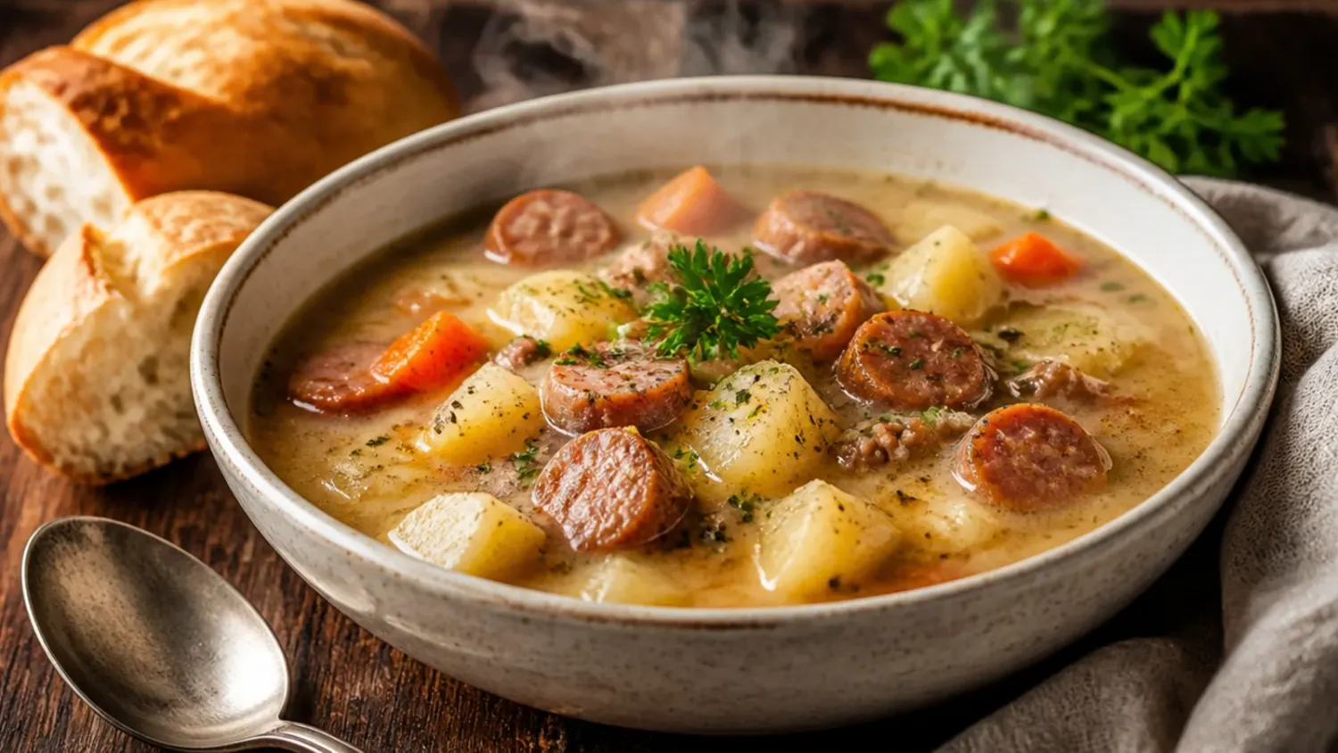 Overhead shot of creamy sausage potato soup in a bowl, topped with melted cheddar, crispy sausage and fresh parsley, with crusty bread on the side