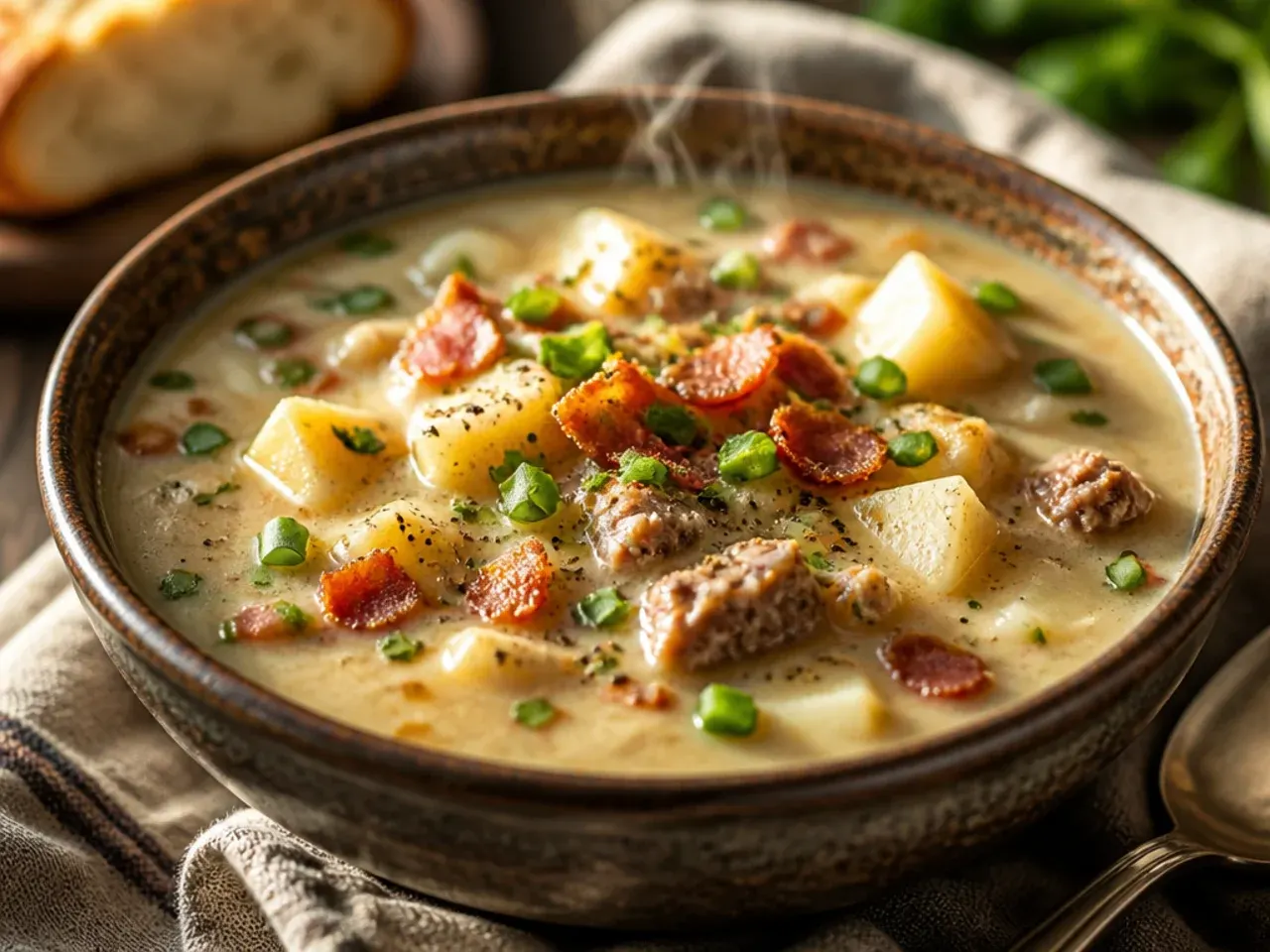 Wide overhead shot of a pot of sausage potato soup surrounded by fresh ingredients