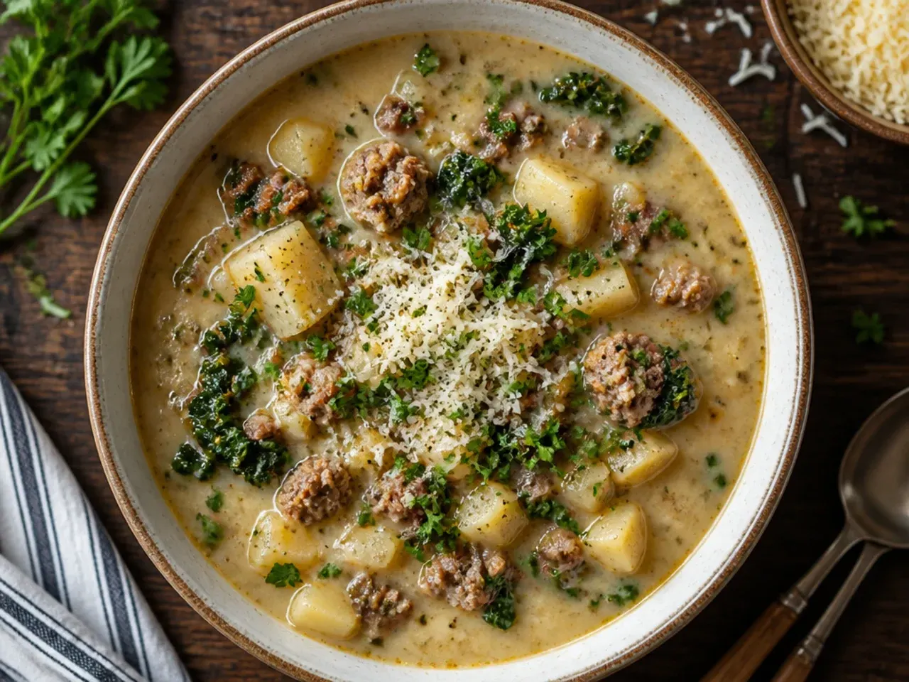 Close-up of classic Italian sausage potato soup in a rustic bowl