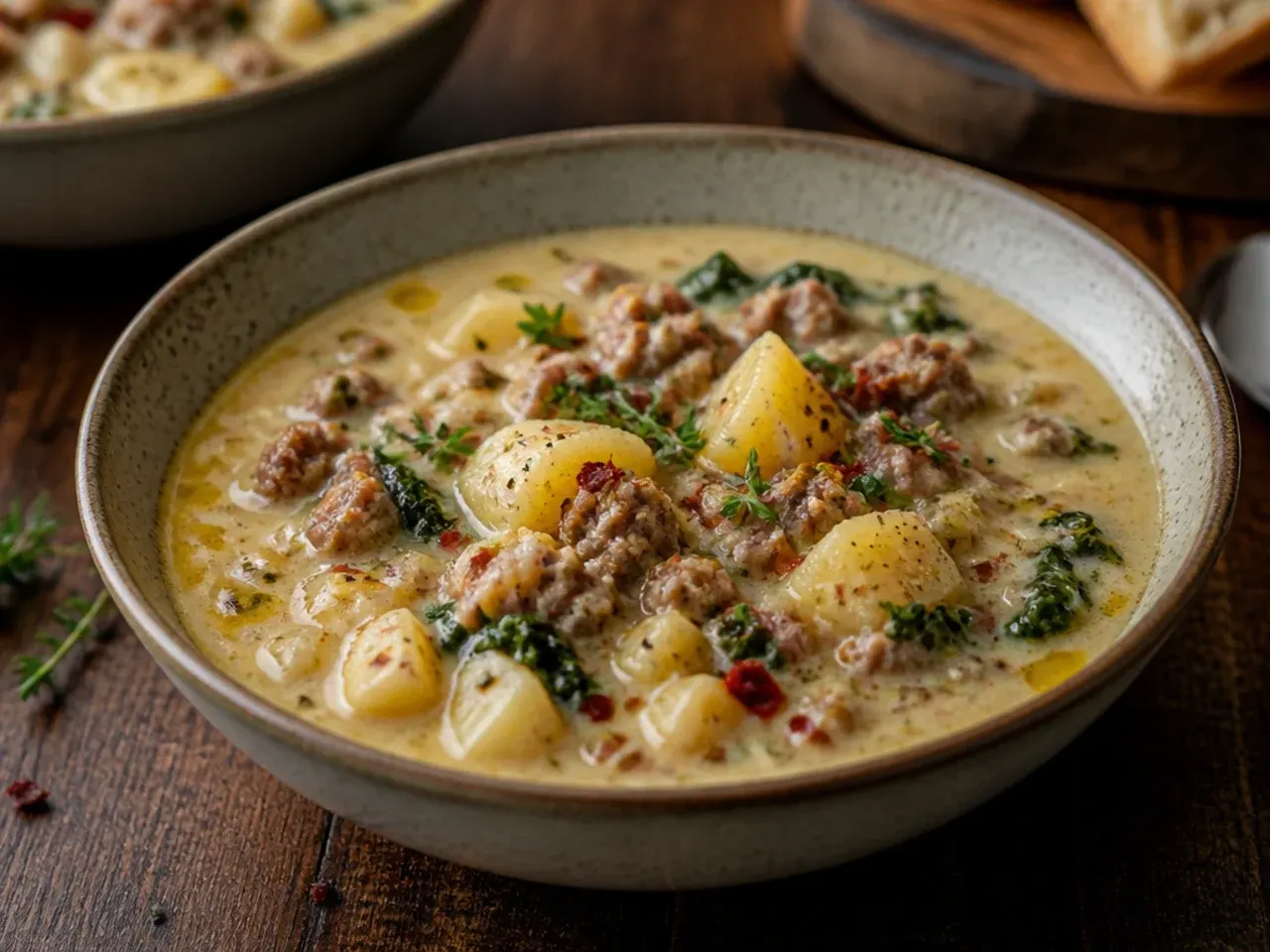 Quick weeknight sausage potato soup served in a bowl with a spoon