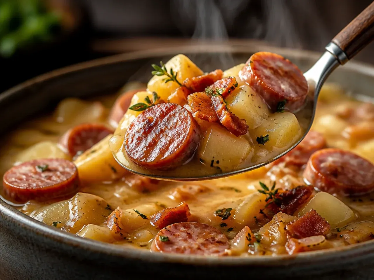 Hearty kielbasa and potato soup with cabbage in a deep bowl