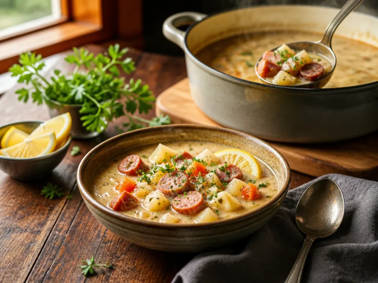 Autumn sausage and root vegetable soup with parsnip in a ceramic bowl