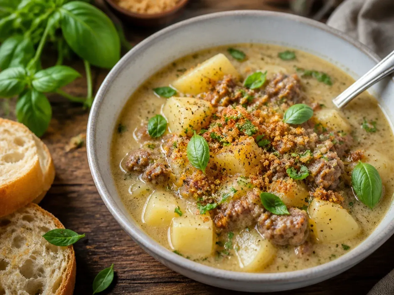 Simple five-ingredient sausage potato soup in a plain white bowl