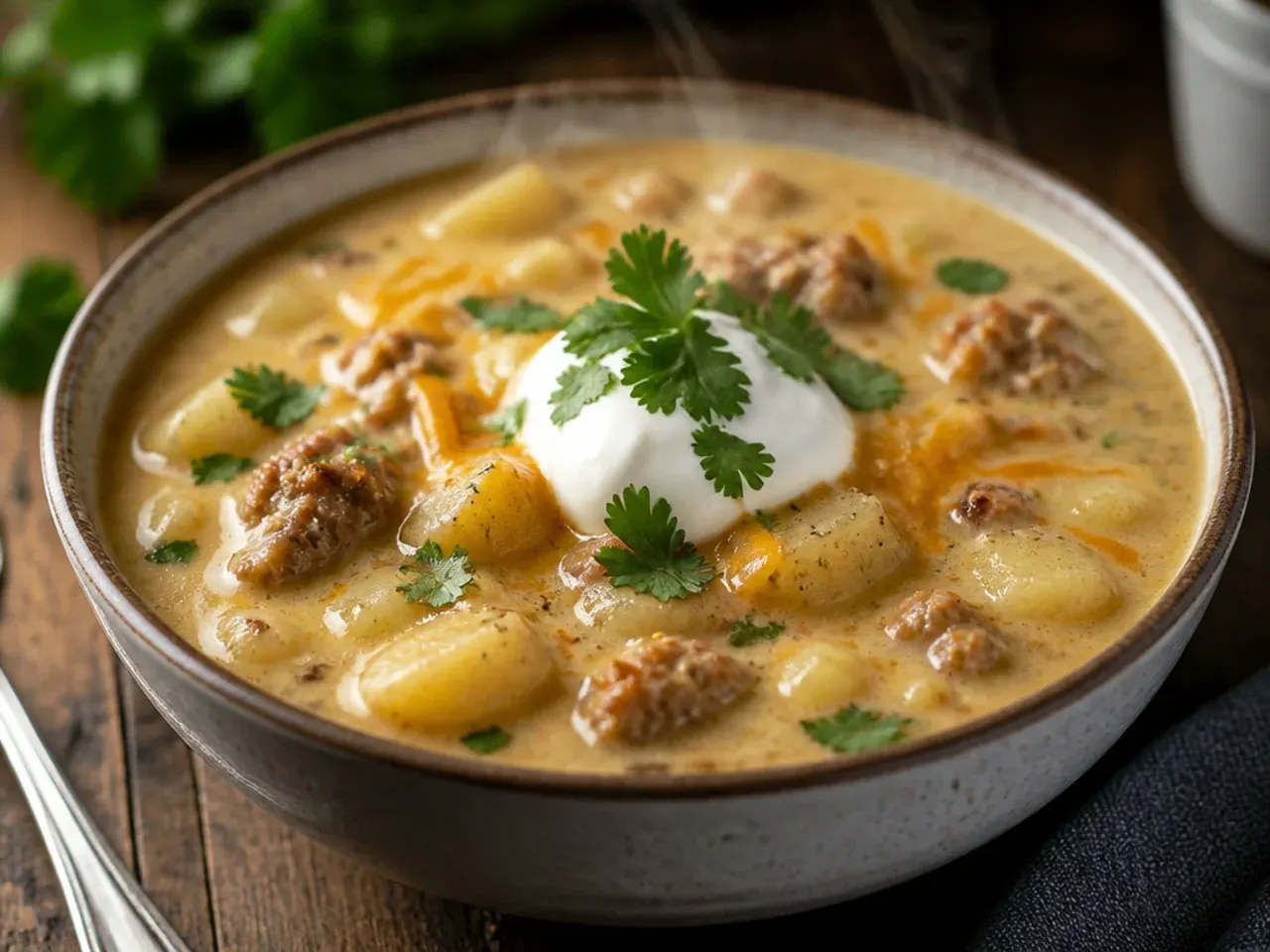 Cheesy sausage potato soup topped with melted cheddar strings