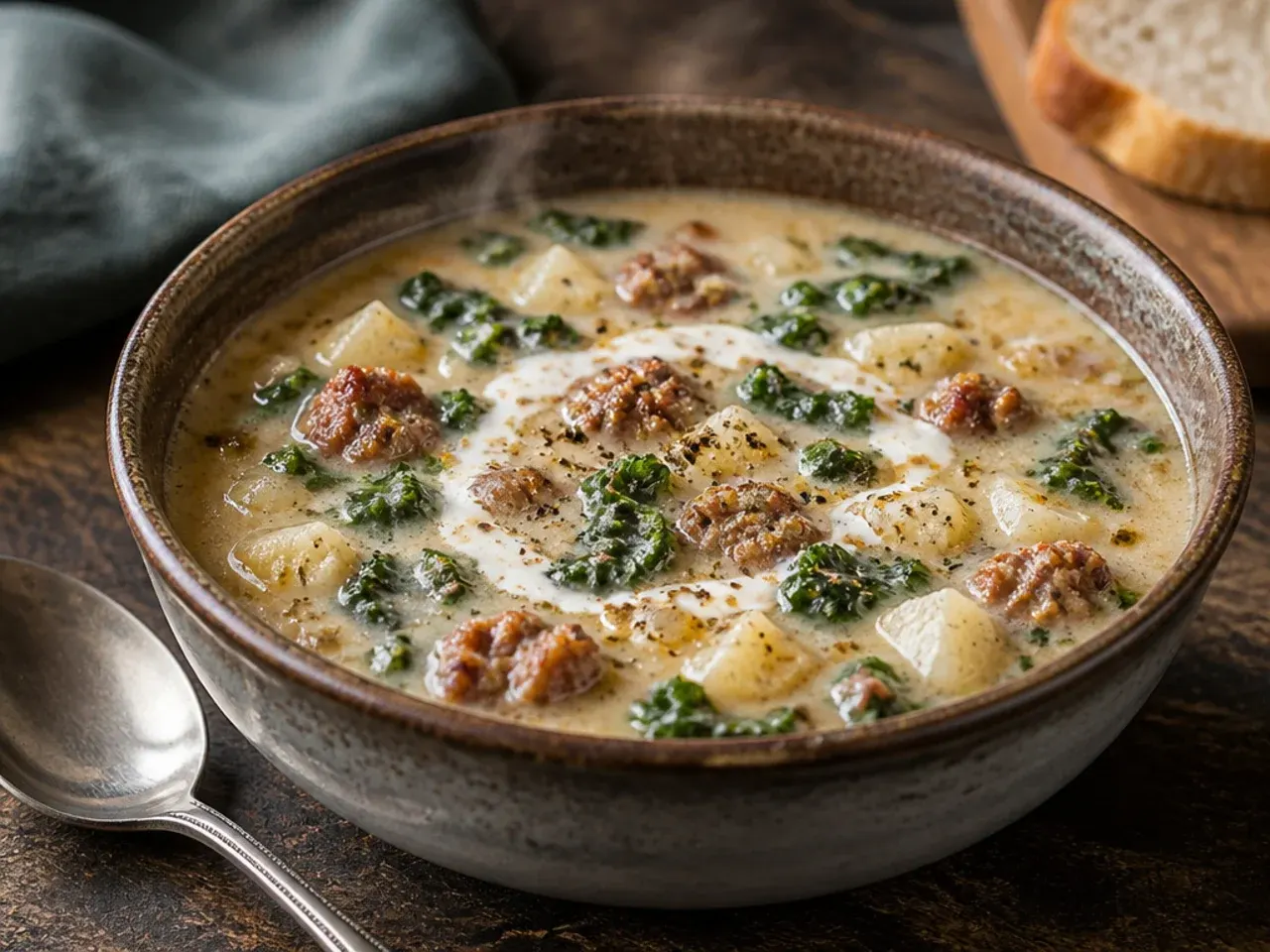 Comforting sausage and kale potato soup in a rustic bowl