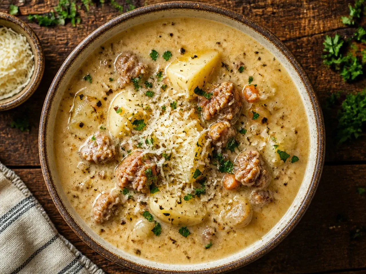 Budget-friendly sausage potato soup with white beans in a bowl