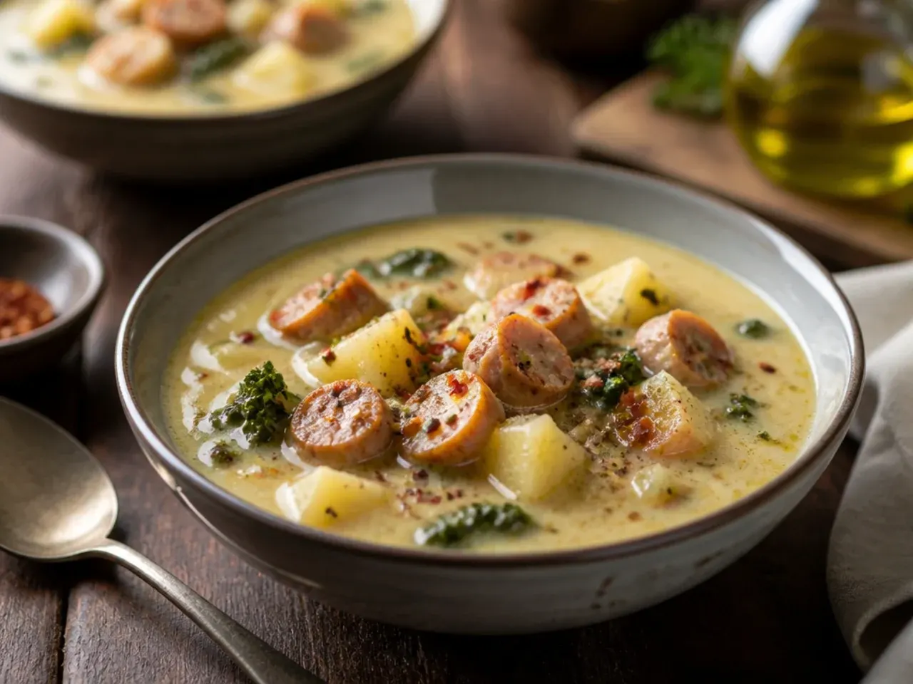 Thick chowder-style sausage potato soup in a deep bowl