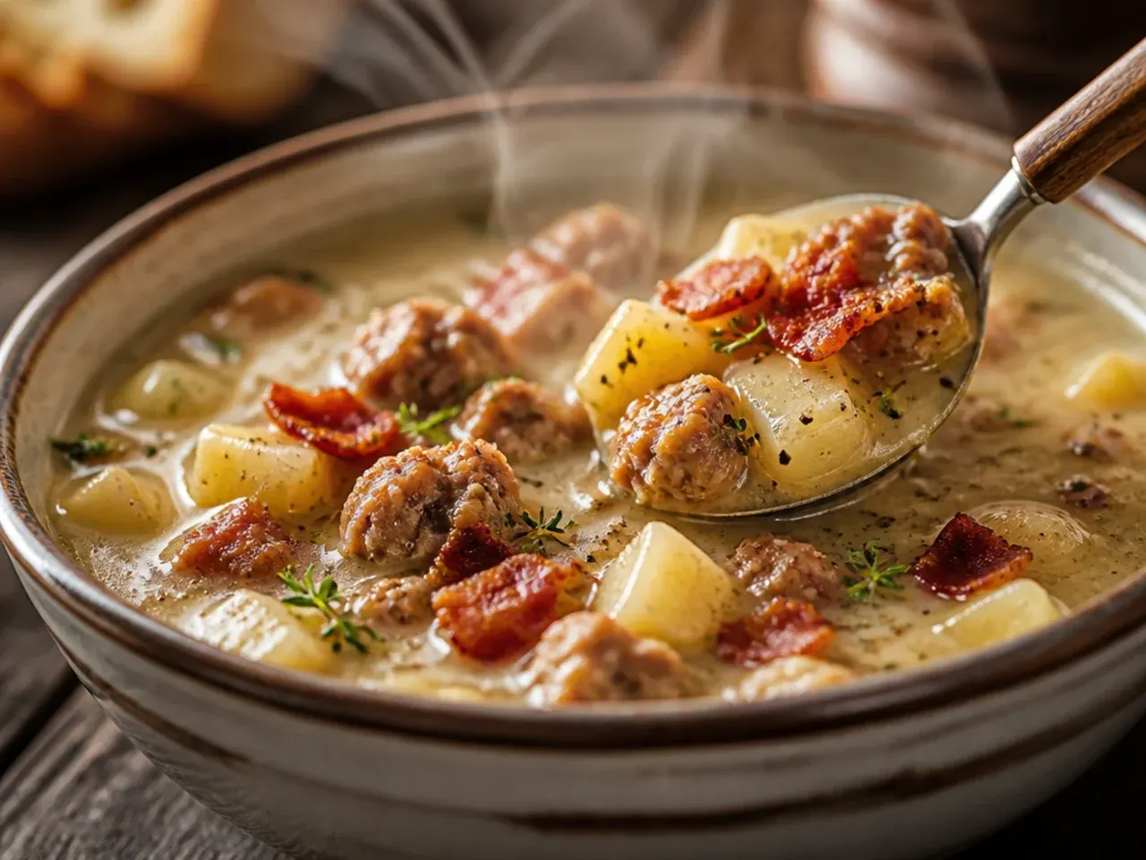 Rustic farmhouse sausage potato soup with skin-on potato chunks
