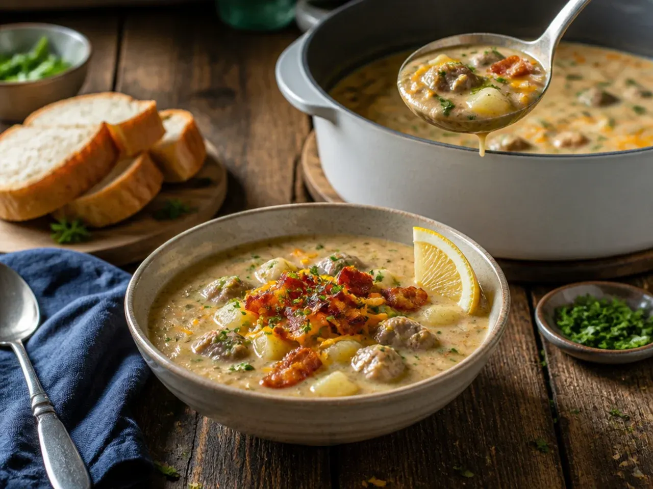 Loaded baked potato sausage soup topped with bacon, cheese and spring onion