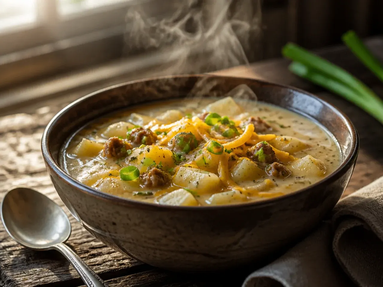 Large pot of family-size sausage potato soup ready to serve