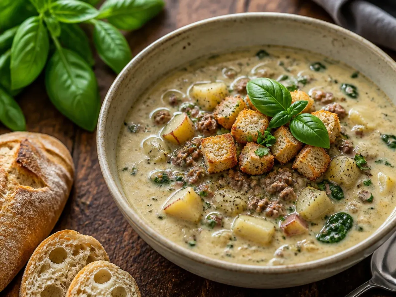 Best-ever sausage potato soup garnished with Parmesan and spinach