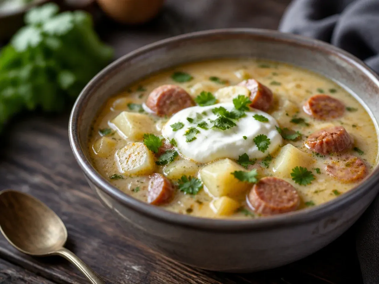 One-pot sausage potato soup simmering in a Dutch oven