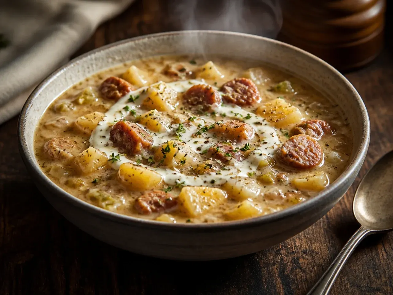 Slow-cooker sausage potato soup with the lid resting to the side