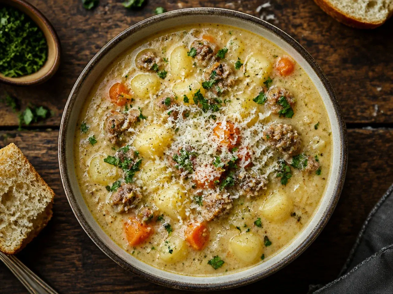 Instant Pot sausage potato soup being ladled from the pot