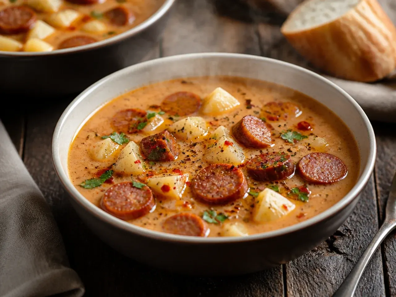 Spicy andouille potato soup garnished with coriander and lime