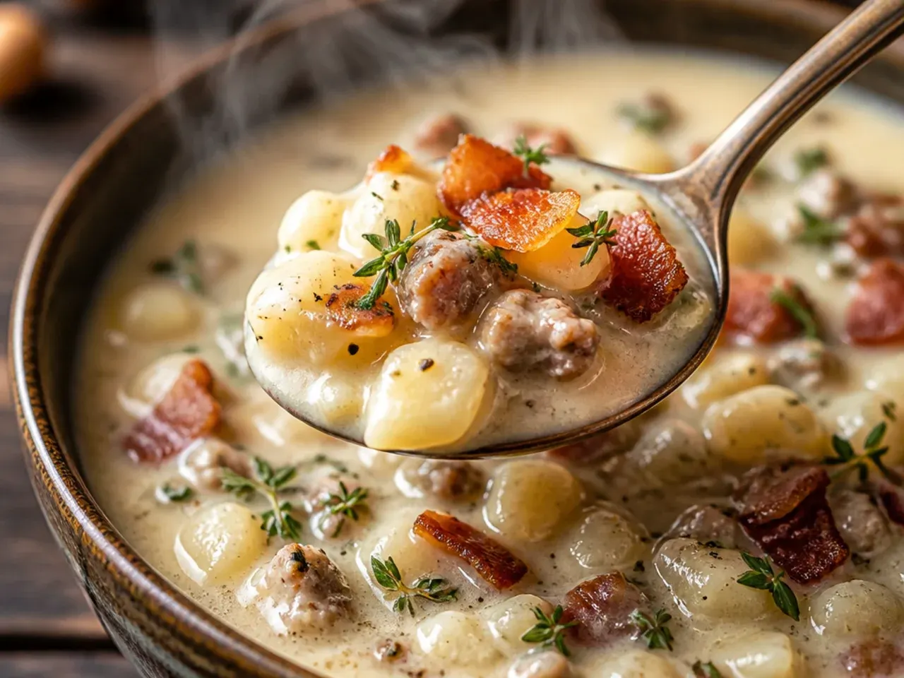 Smoky bacon and sausage potato soup topped with crispy bacon bits