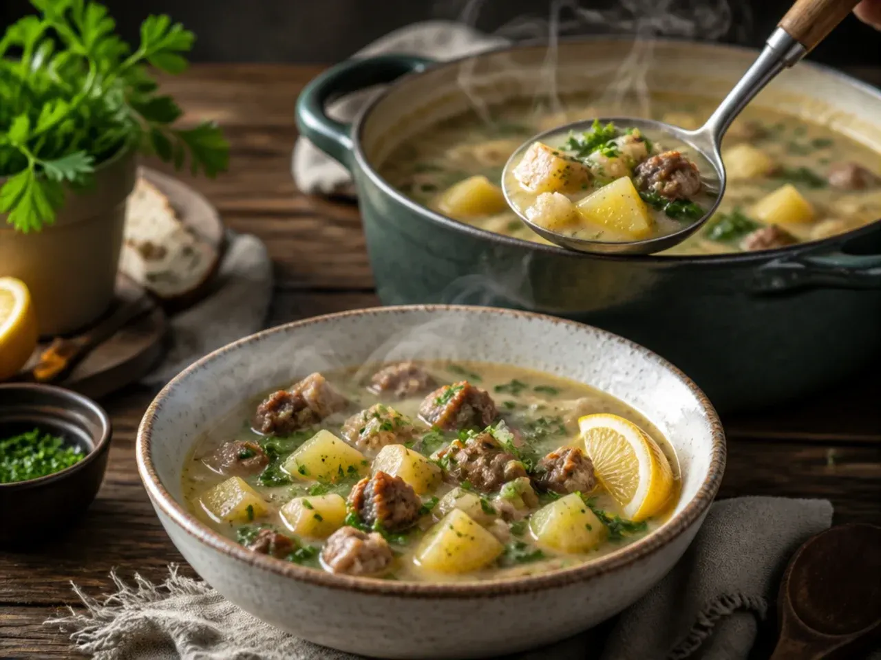 Dairy-free sausage potato soup made with coconut milk in a bowl