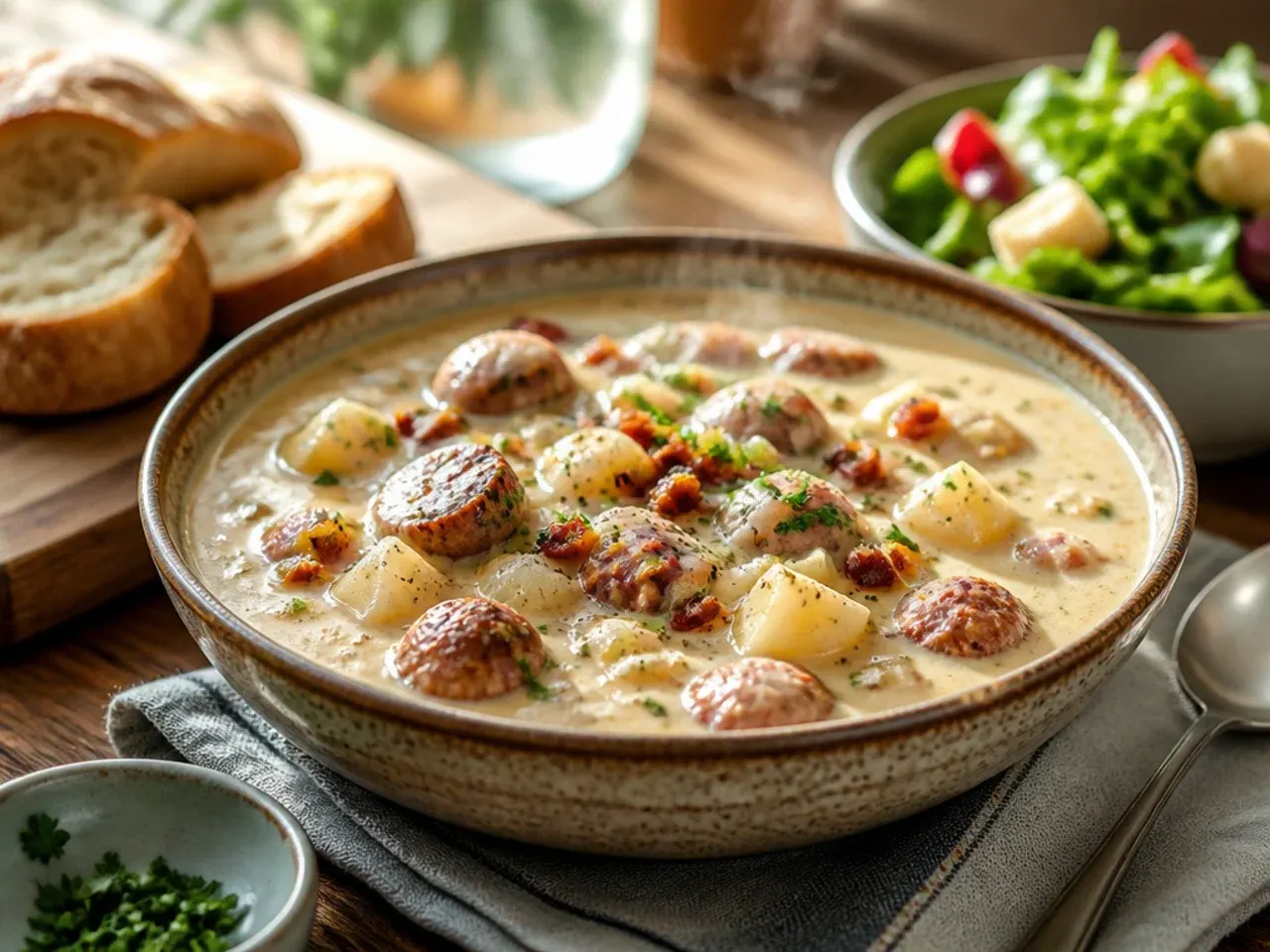 Bowl of sausage potato soup served with crusty bread on a wooden board