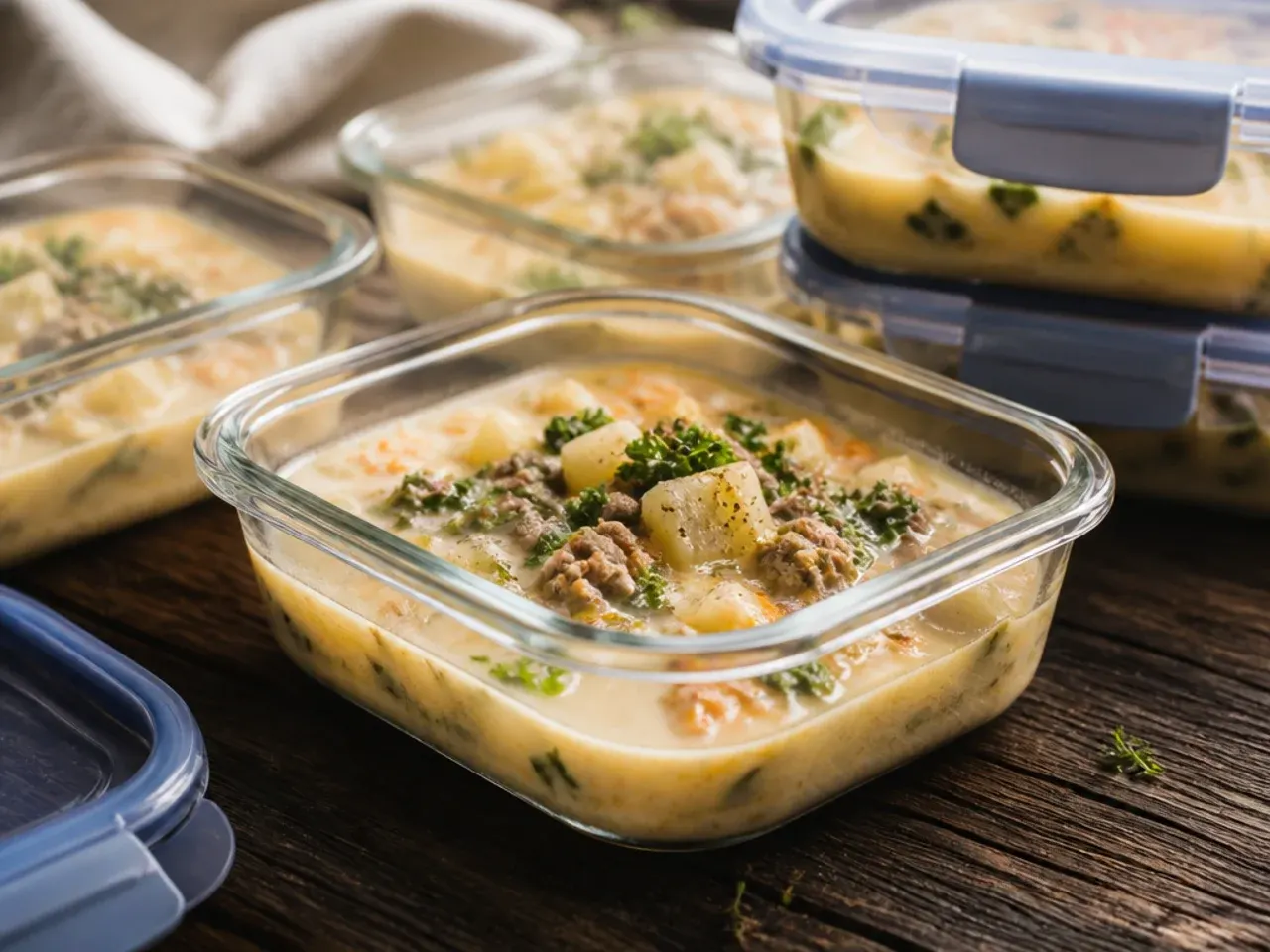 Sausage potato soup stored in glass containers ready for the fridge
