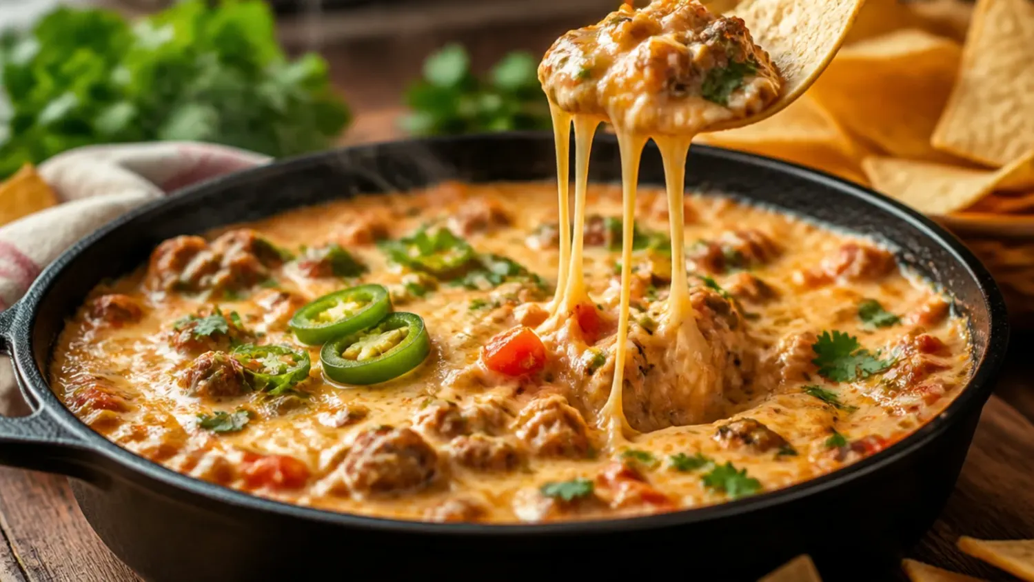 A bowl of melted sausage rotel cream cheese dip with tortilla chips, topped with sliced spring onions