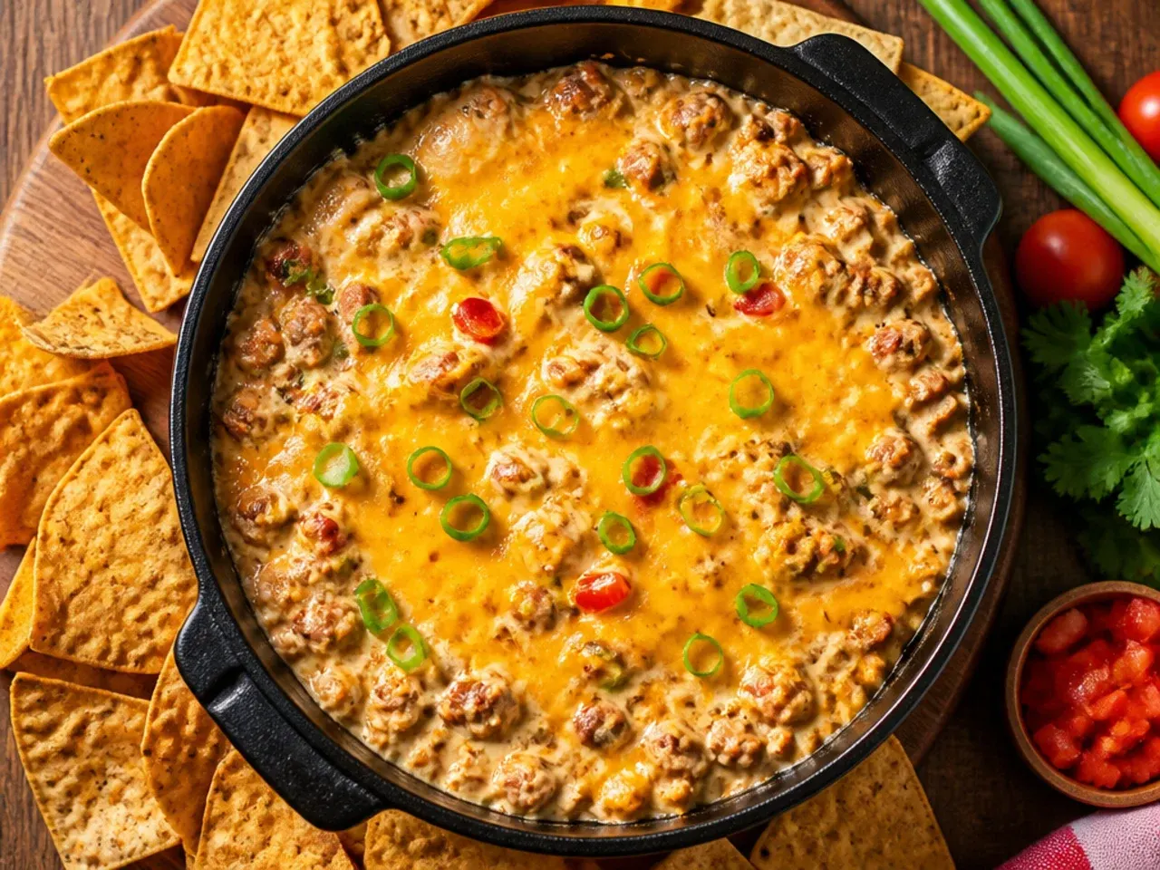 Skillet of classic sausage rotel cream cheese dip being stirred with a wooden spoon