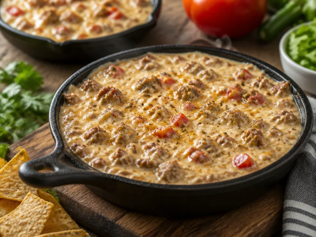 Close-up of easy three-ingredient sausage cream cheese dip in a serving dish