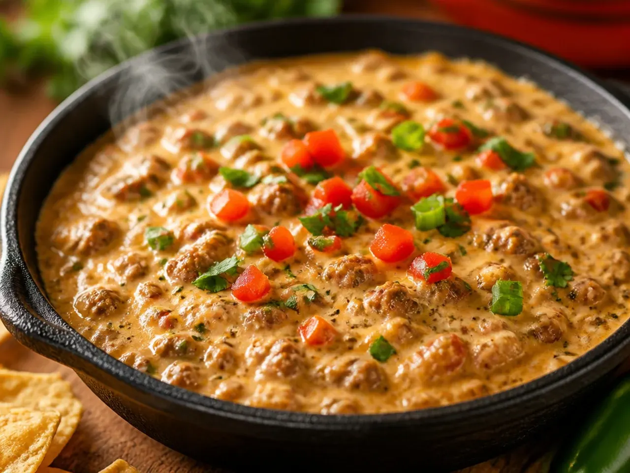Slow cooker filled with warm sausage rotel cream cheese dip on a kitchen counter