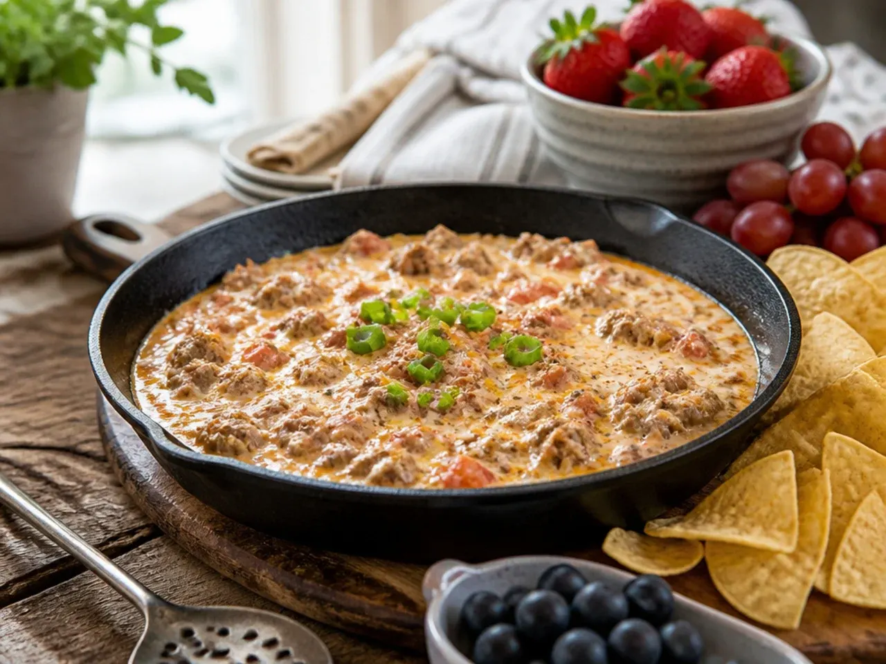 Bowl of smooth sausage and Rotel queso-style dip with a chip dipped in