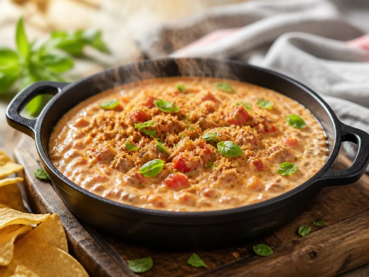 Spoon lifting a creamy scoop of sausage rotel dip from a bowl