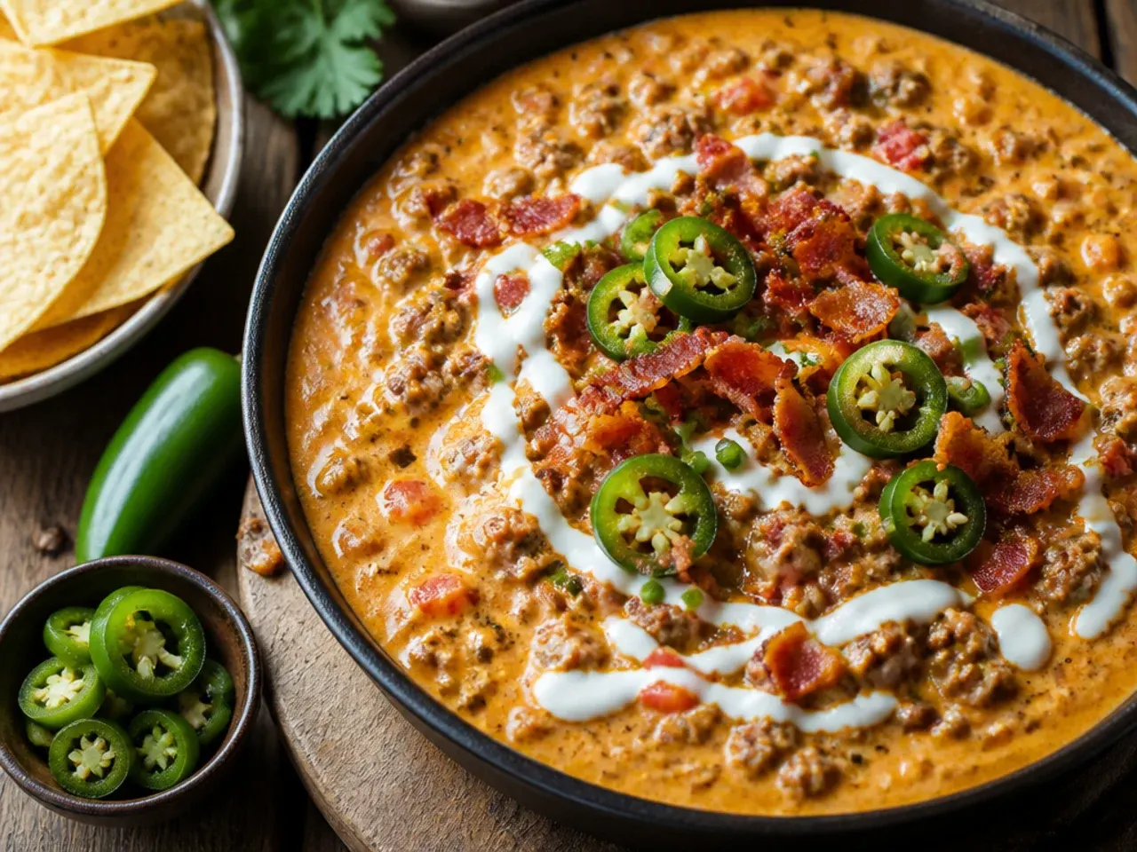 Loaded sausage rotel dip topped with crispy bacon bits and sliced jalapeños