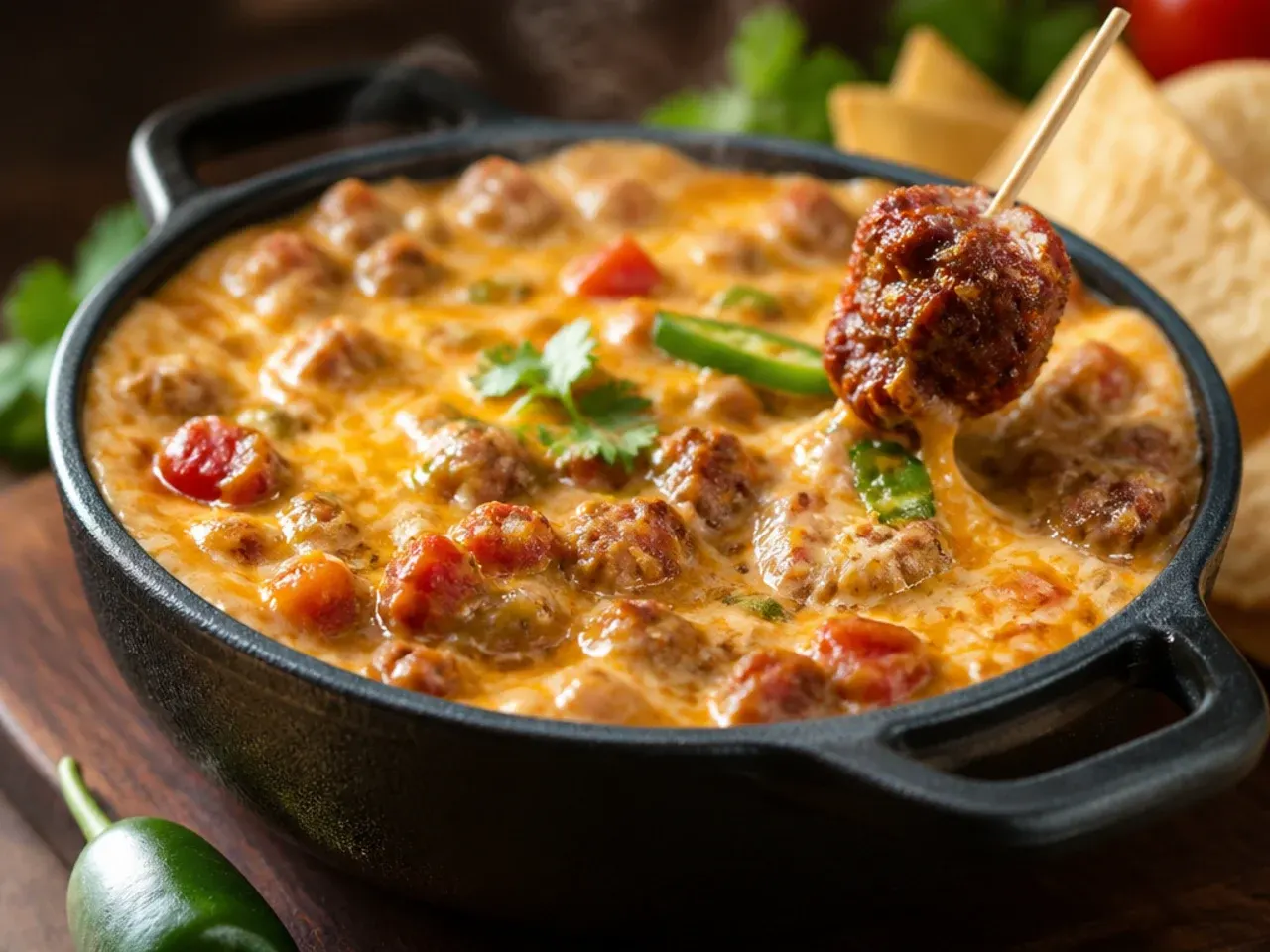 Overhead view of double cheese sausage rotel dip with visible cheese pull