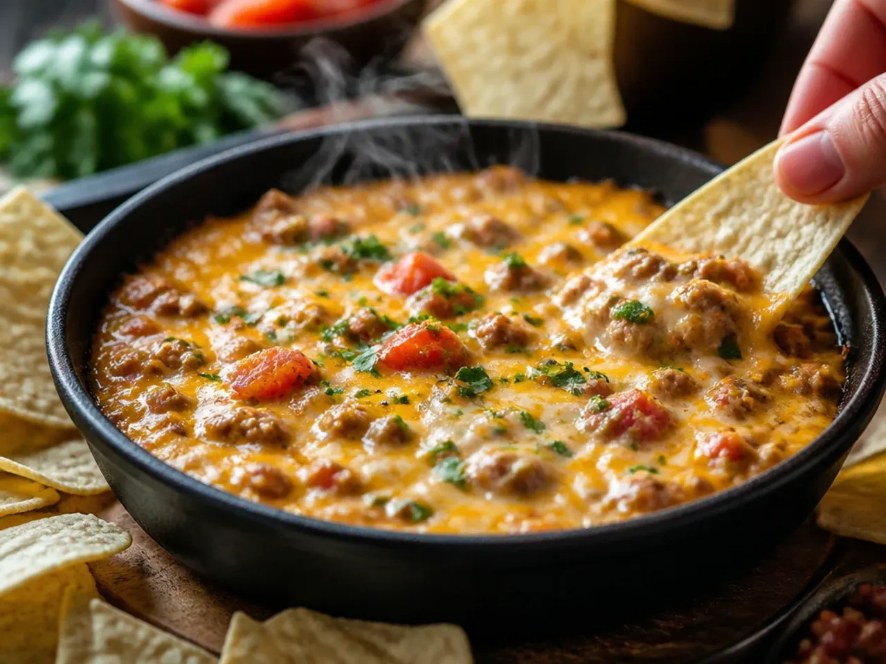 Extra cheesy sausage rotel dip with melted pepper jack cheese pulling from a chip